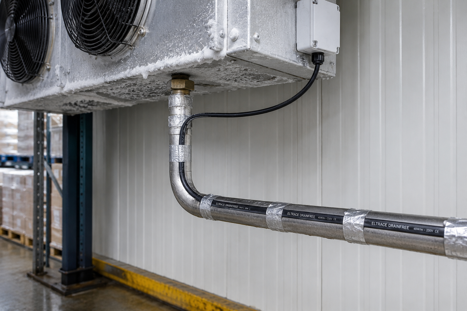 Câble chauffant DRAINFREE installé sur une tuyauterie d'évacuation des condensats d'une chambre froide