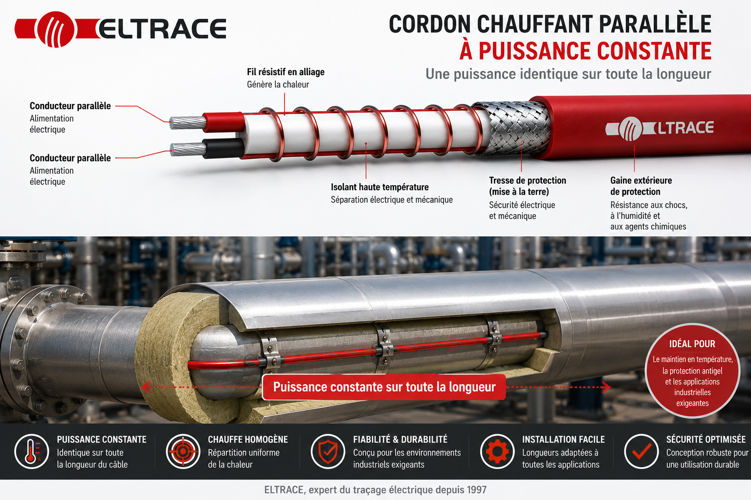 Cordon chauffant parallèle à puissance constante ELTRACE installé sur une tuyauterie industrielle