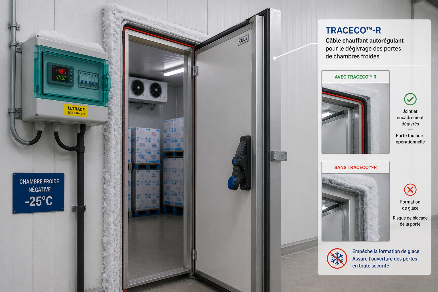Câble chauffant autorégulant TRACECO-R installé dans une porte de chambre froide pour empêcher la formation de glace